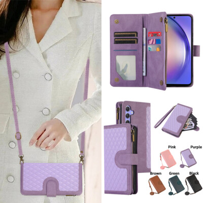 For Samsung A15 A25 A54 A34 A24 Zipper Leather Wallet Flip Case +Crossbody Strap