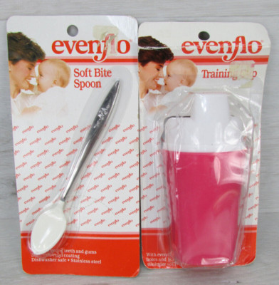 Evenflo Vintage Soft Bite Spoon and Pink Training Cup NOS