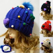 Girls Beanie Pom Pom Hat Warm Winter Knit Bobble Multi Braided Ski Fur Kids