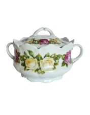 Antique  R.C. Malmaison Bavaria Cabbage Rose Scalloped Covered Serving Bowl 6.5"