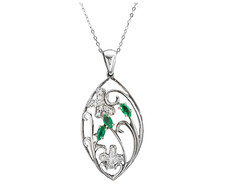 Superb Natural Emerald and Diamond 14K Solid White Gold Necklace