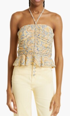 Veronica Beard Arienne Gathered Halter neck Size 14 Silk Print NWT $398 Yellow