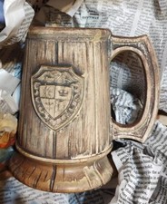 Vintage Treasure Craft Wood Barrel Coffee Mug/Cup Shield Crest Made In USA