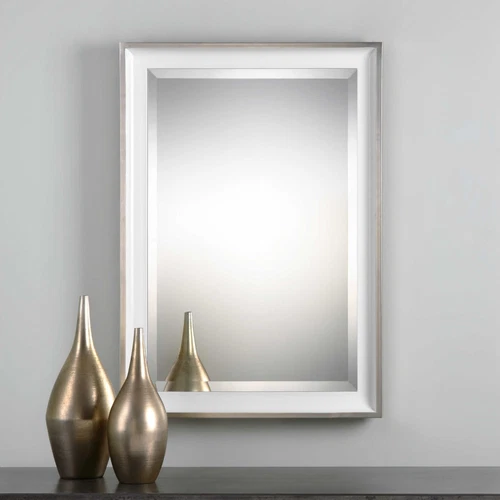 UTTERMOST 9081 LAHVAHN BEVELED VANITY MIRROR GLOSS WHITE SILVER LEAF OUTER EDGE - Picture 2 of 4