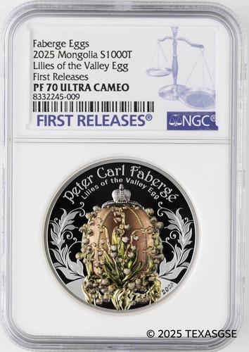 2025 Mongolia 2oz Silver Peter Carl Faberge Egg Lilies of the Valley NGC PF70 FR