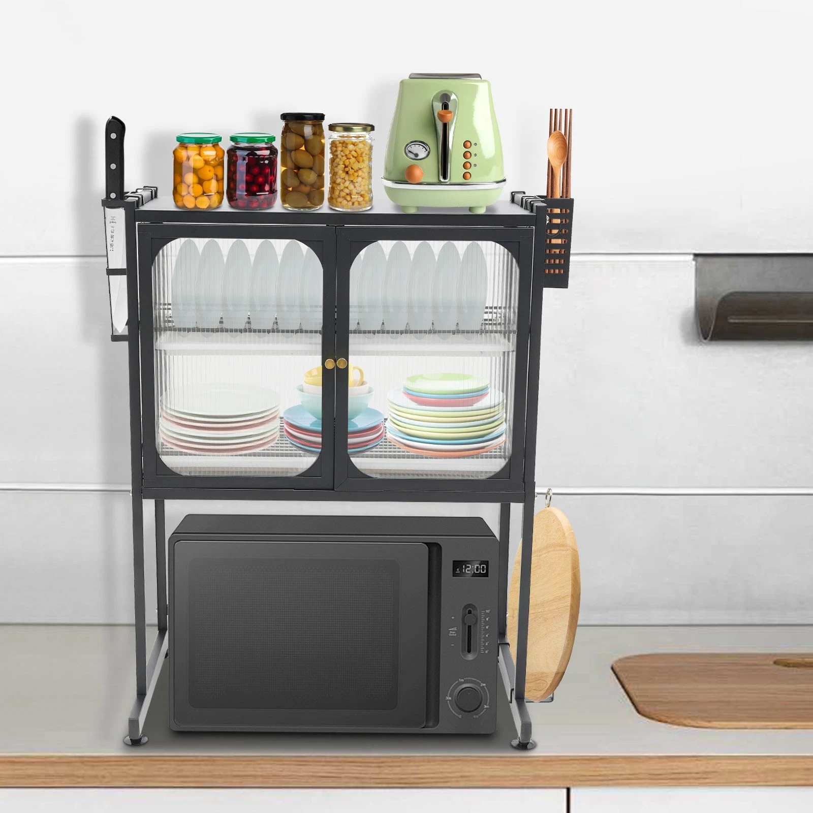 3-Tier Kitchen Storage Rack, Vertical Microwave Oven Rack, Black Storage Shelf