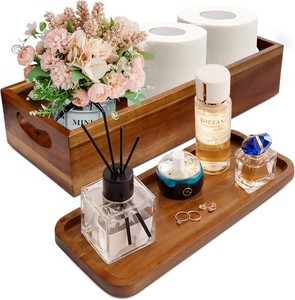 Handmade Toilet Tank Basket Topper & Vanity Tray Set of Natural Acacia Brown