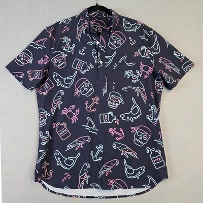 Mens Neon Pirate Skull Plank Party Shark Popover Shirt Gray Performance SS sz Md