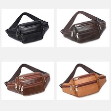 Genuine Leather Fanny Pack Multi Zippered Waist Bag Hip Belt Purse Black Pouch