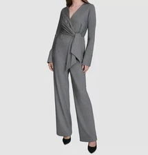 Halston Women's Gray V-Neck Side-Tie Wide-Leg Jumpsuit Size 8