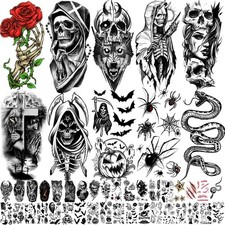 52 Sheets Black Halloween Temporary Tattoos for Kids Men Women, Include 10 Sheet