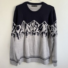 M S Mountains Print Jumper Navy Grey Sweater Winter Knit - Mens Size XL