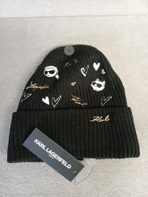 Karl Lagerfeld Paris Beanie Hat Knit Embroidered Cat Heart Valentine Black