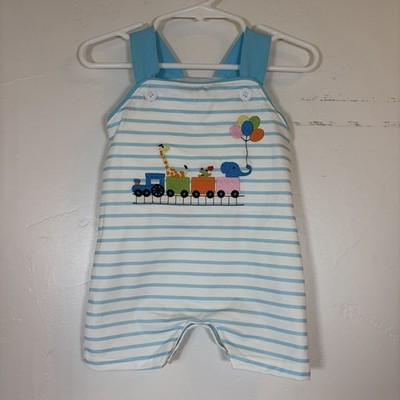 New Abby & Evie 6M Baby Striped Blue Embroidered Train Animals Jon Jon Romper