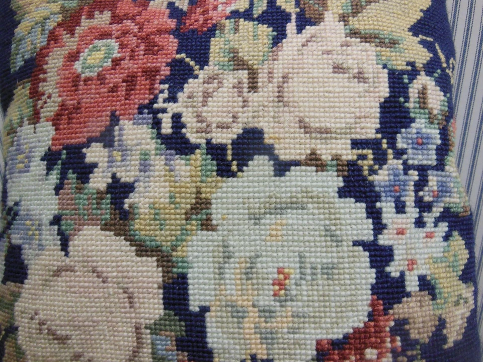 Vintage Needlepoint Pillow Flowers/Leaves. Black Velvet Back, Zipper- 14" X 14” - Image 3 of 4