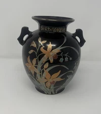 Ornate Black Japanese Vase with Floral Detailing and Gold Accents