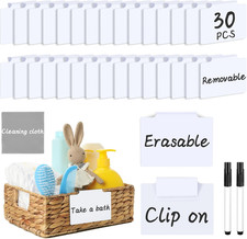 33PCS Basket Labels Clip On, 30 Labels for Storage Bins Removable with 2 Chal...