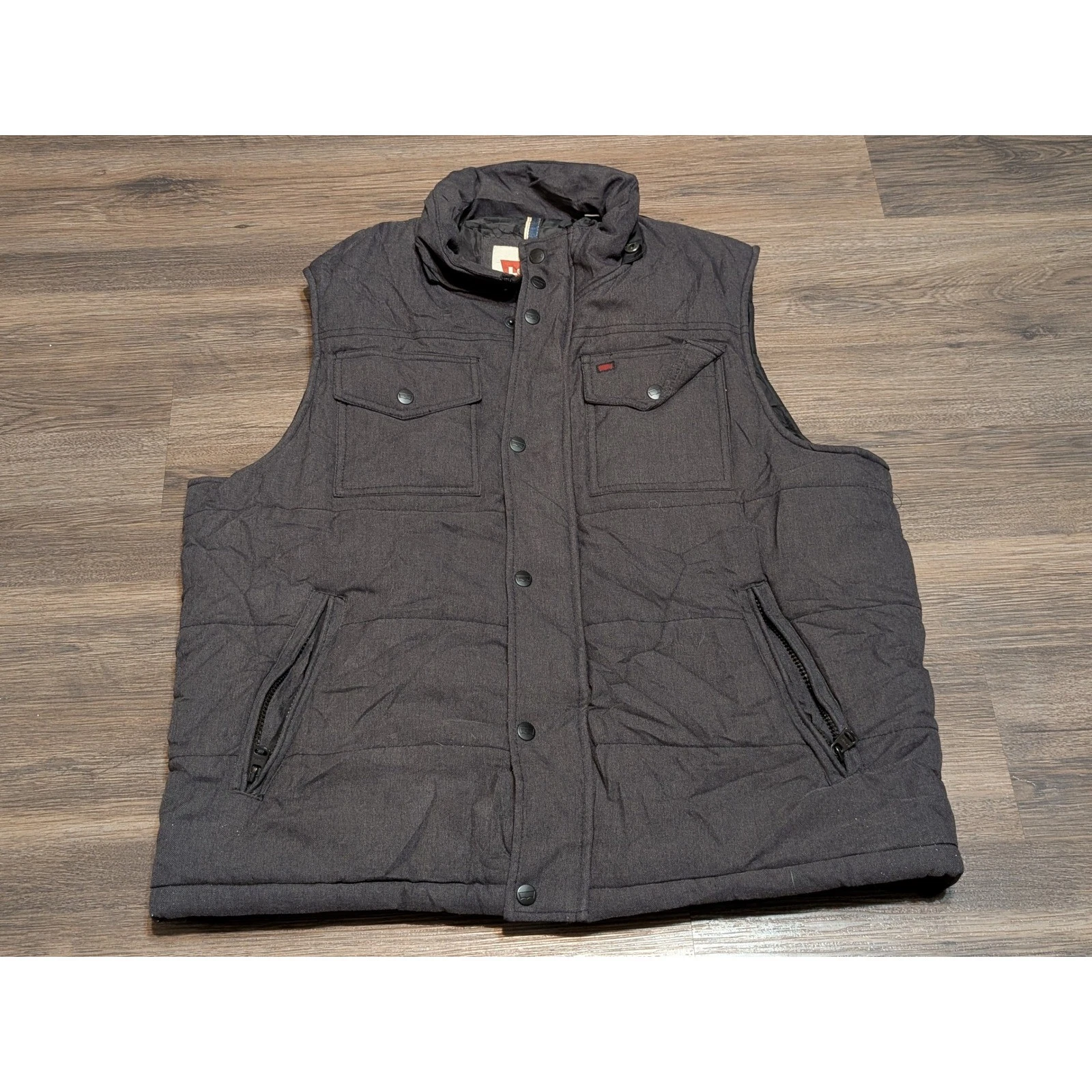 Levi's Mens Quilted Vest Puffer Charcoal Grey Snap Front Pockets Size L