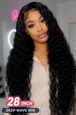 28 inches Black Deep Wave Human Hair Lace Front Wig Glueless Soft Bouncy