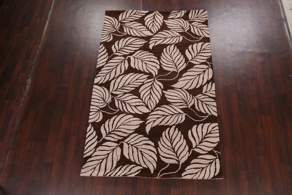 Nature Print Abstract Modern Oriental Area Rug Hand-Tufted Wool 5x8 Brown Carpet - Image 2 of 4