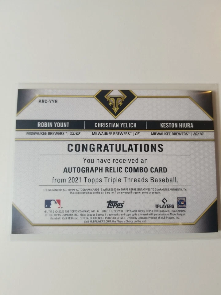 2021 Topps Triple Threads Yount Yelich Hiura Autograph Relic Combo Game Used /27 - Image 2 of 2