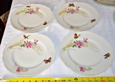 Antique qty 4 Haviland & Co Limoges H & C ''Meadow Visitors'' Dinner Plates 9''