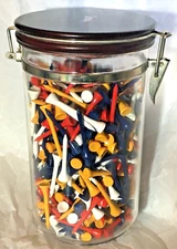 Wood Finish Top Plastic Latch Canister Assorted Multicolor Golf Tees Nearly Full