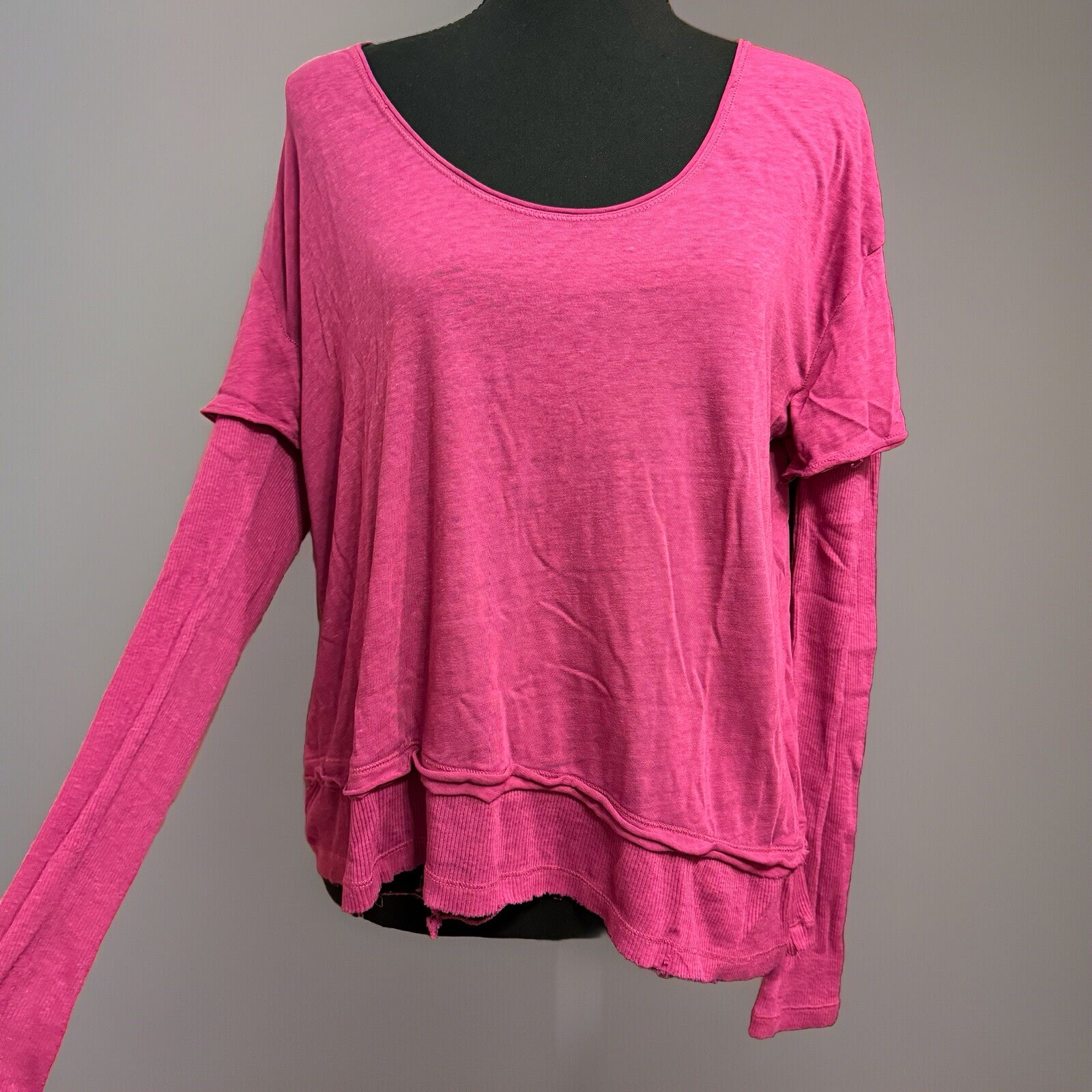 Free People Shirt XS Womens Long Sleeve Top Layered Grunge Hi Lo Raw Edge Hem