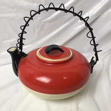 Vintage Czechoslovakia Mid Century Red Black White Tea Pot Czech Ceramic