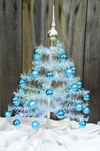 16" Iridescent Blue Tabletop Christmas Tree + 65 Feather Tree Size Ornaments