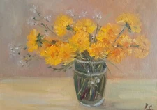 yellow dandelions original oil painting, dandelion bouquet, dandelion still life