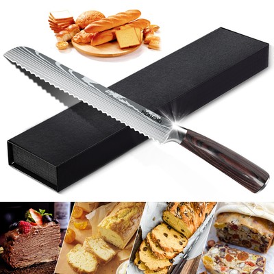 8 inch Bread Knife Stainless Steel Japanese Damascus Pattern Kitchen Cake Cutter