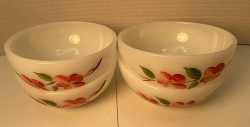 Fire King Gay Fad Peach Blossom Milk Glass Bowls 4 pc Vintage Anchor Hocking