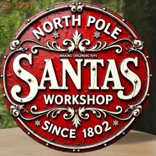 Santa's Workshop North Pole Red Golden Tin Metal Signs Home D cor 8x8