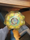 Super Pretty Fenton Carnival Glass Green Dragon & Lotus Pattern Ruffled Bowl