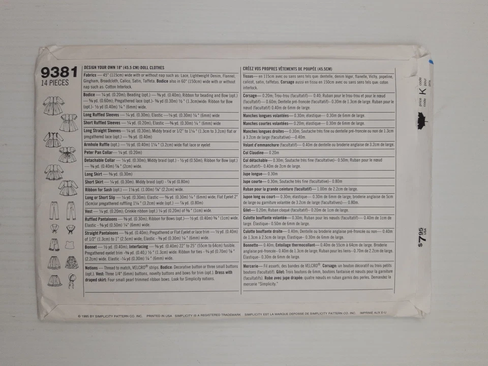 Simplicity Sewing Pattern 9381 Dolls Clothes Wardrobe 8 styles Size 18" Uncut FF - image 2 of 2