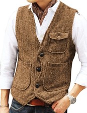 Mens Tweed Waistcoat Retro Herringbone Vintage Waistcoat Vests Wedding 42 44 46