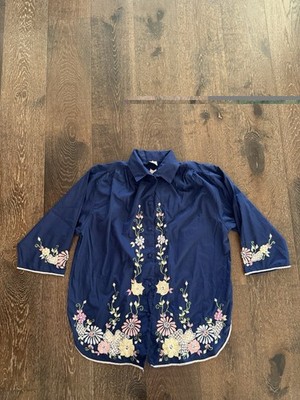 Vintage Queen Caro Women s Top Sz 2XL Heavy Embroidered Floral Blue Boho