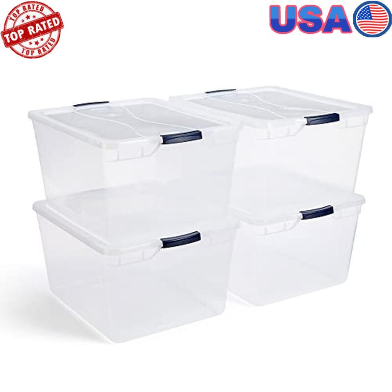 Clear Storage Bins 74 Qt 4-Pack Latching Lids BPA-Free Stackable Made in USA