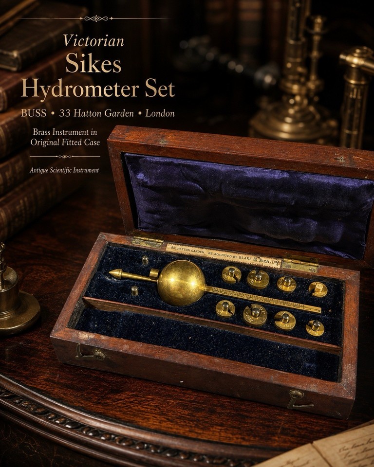 A complete Victorian brass Sikes hydrometer set in its original case from London's famous Hatton Garden — a genuinely rare piece of 19th-century scientific history.