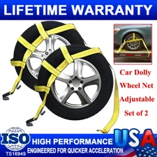 Car Dolly Wheel Net Tire Basket Tow Adjustable Straps J-Hook Tie Down Set of 2