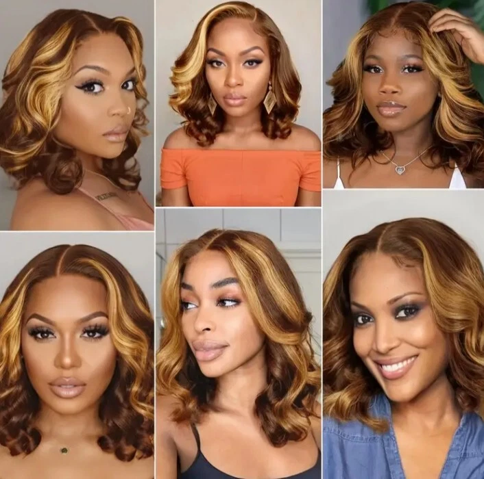 Peluca frontal de encaje ondulada corporal ombre rubia miel de 12 pulgadas - Peluca Bob cabello humano  Foto 2 de 4