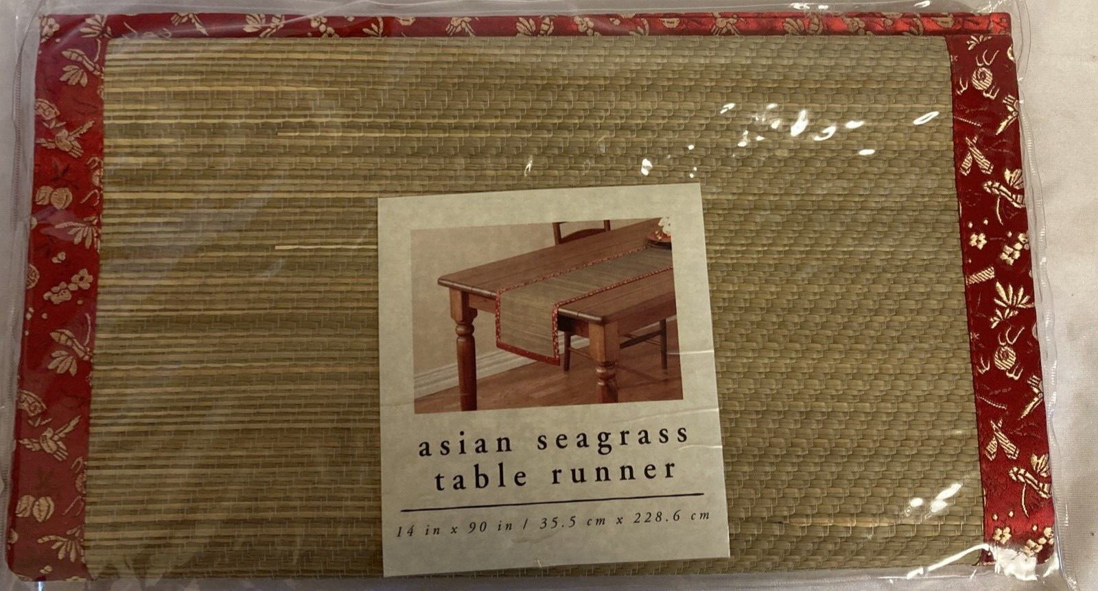 Pier 1 ASIAN SEAGRASS Table Runner Mantel Scarf 14 x 90 Red Gold Brocade Border