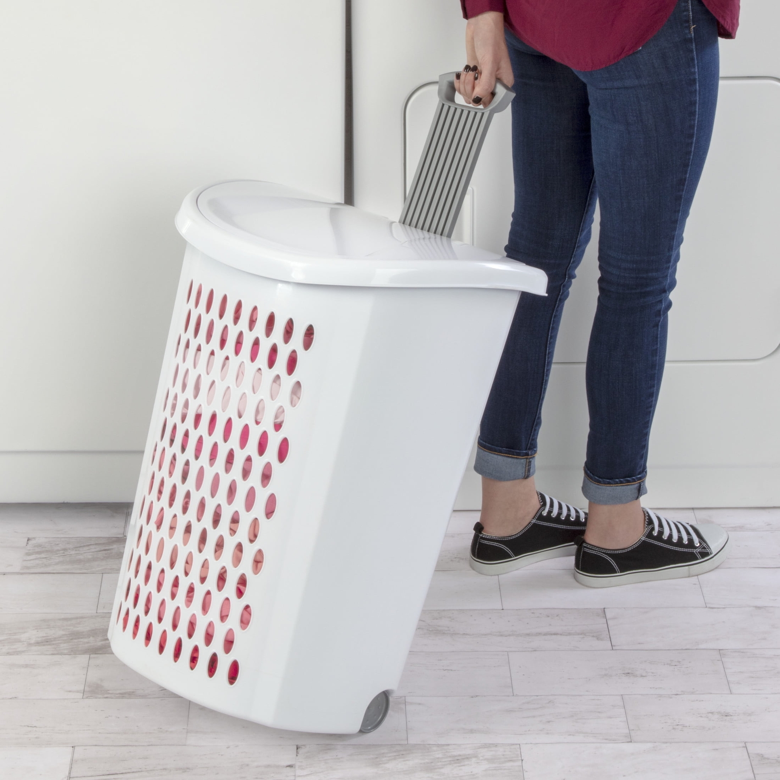 BPA-Free Plastic Wheeled Laundry Hamper with Flip-Top Lid & Handle Adult White