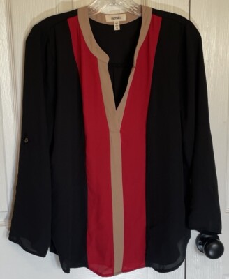 Medium Color block Black Red Beige Meraki Brand Long Sleeve V Neck