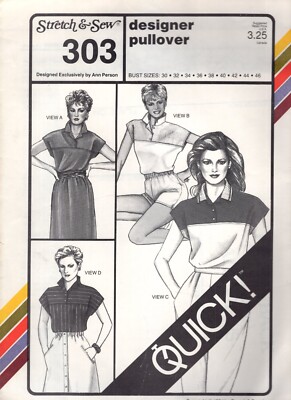 Quick Designer Pullover Shirt Top Pattern Stretch Sew 303 1984 Sz 30-46