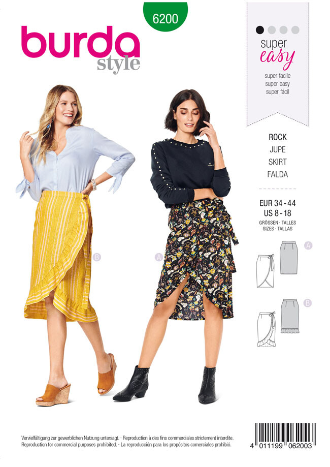 Burda Super Easy SEWING PATTERN 6200 Misses' Wrap Skirt In 2 Lengths 8-18