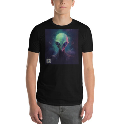 Alien T-Shirt smartphone camera scannable AR/QR code produces a 3D image