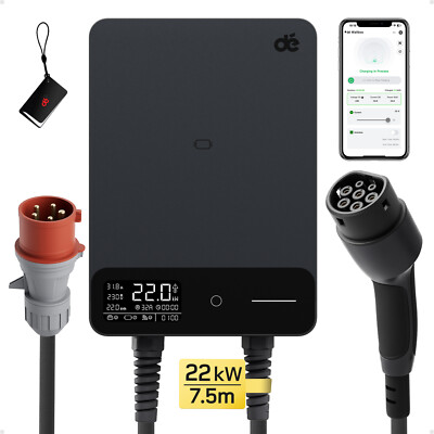 dé EV Ladegerät mit 32A Typ 2 22kW 7.5m Ladestation Wallbox WiFi Bluetooth APP