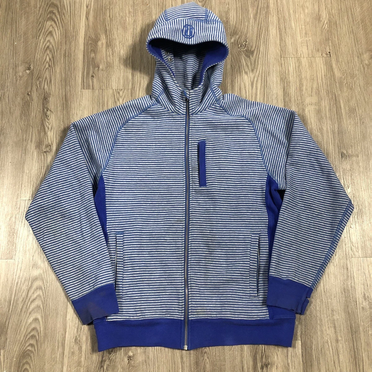 Lululemon Scuba Hoodie Full Zip Gray Blue Striped Hooded Mens Size